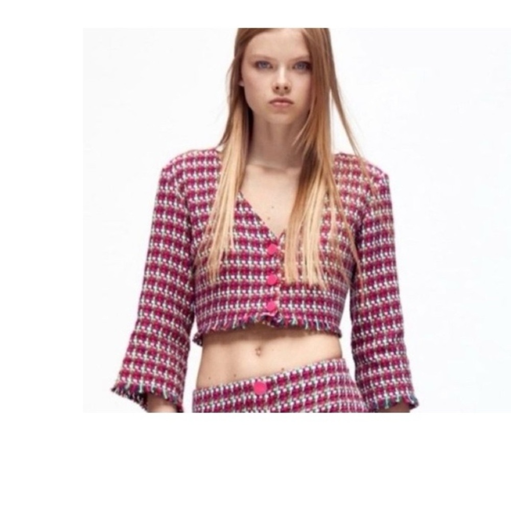 Zara Tweed Fringe Cropped Blazer‎